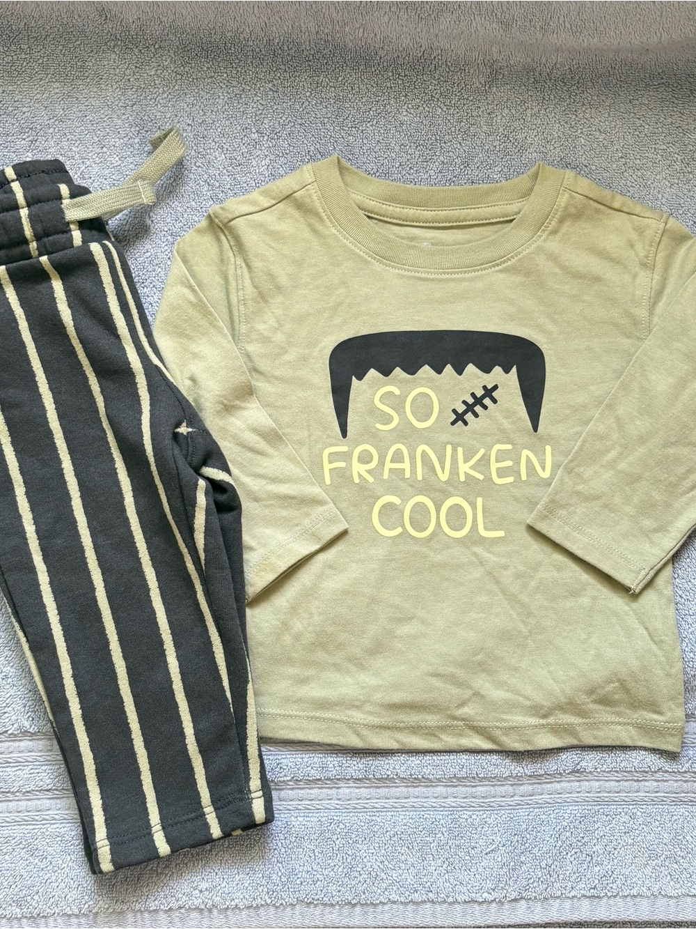 Cat & Jack Olive Green "So Franken Cool" Pajama Set with Charcoal Stripe Pants